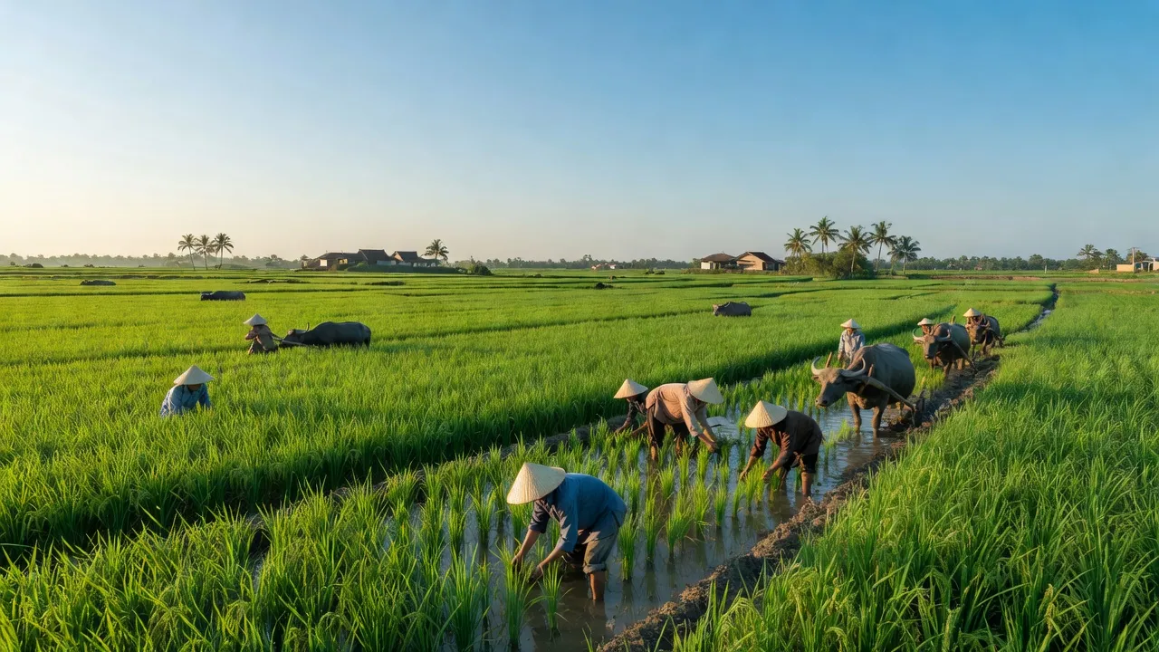 Cảnh quan xã An Hòa, huyện Châu Thành, An Giang với cánh đồng xanh và nông dân làm việc.