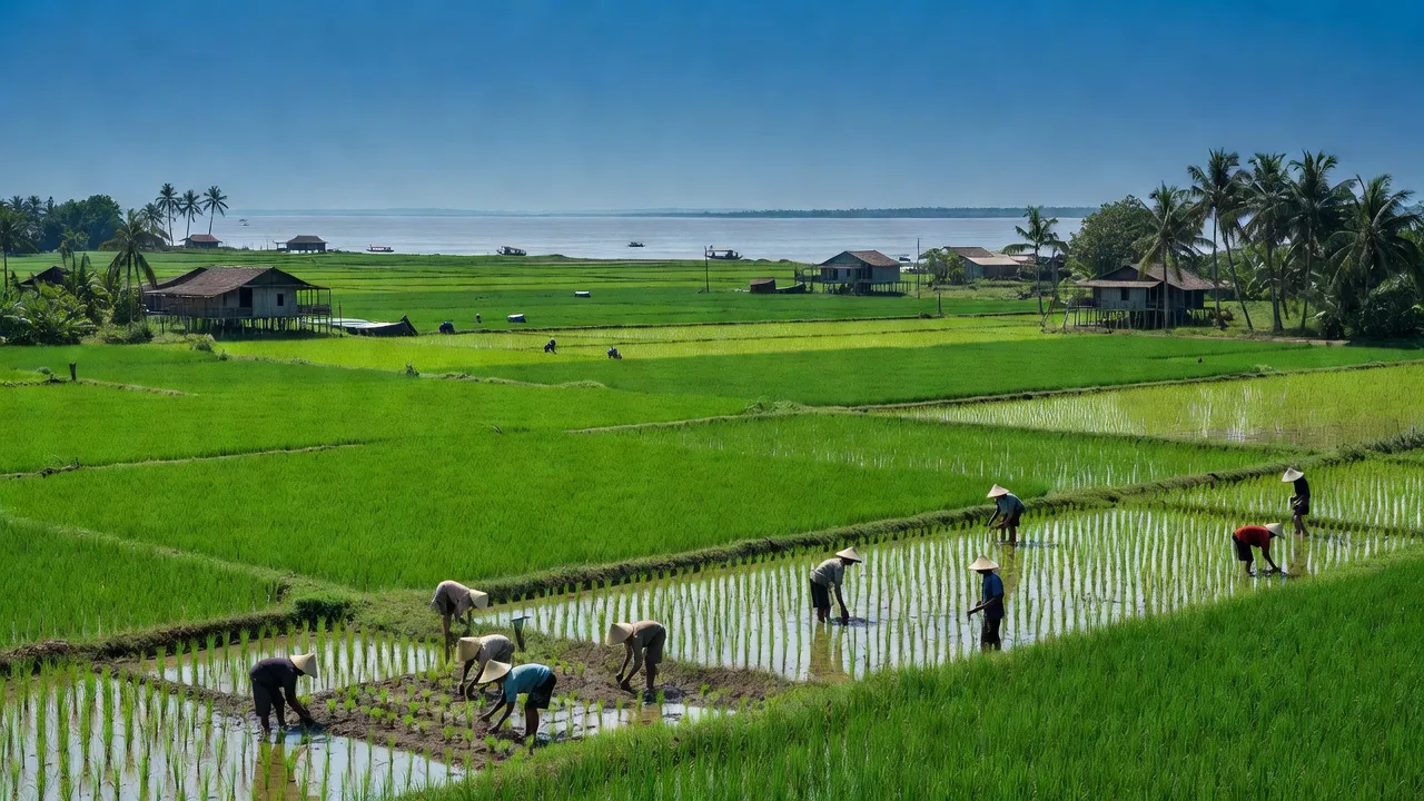 Cảnh quan xã Bình Hòa, Châu Thành An Giang với cánh đồng xanh và cuộc sống nông thôn sôi động.