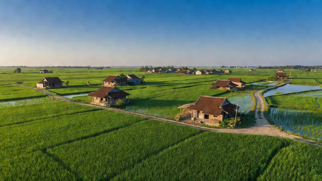 Khung cảnh Bình Hòa, huyện Châu Thành, An Giang với cánh đồng xanh và nhà truyền thống.