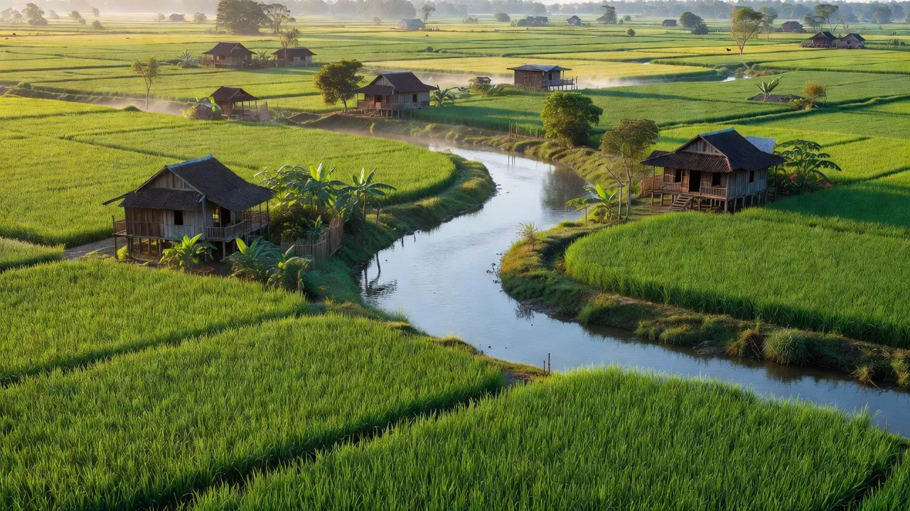 Cảnh sắc thanh bình xã Bình Thạnh, huyện Châu Thành, An Giang, cánh đồng và dòng sông xanh.