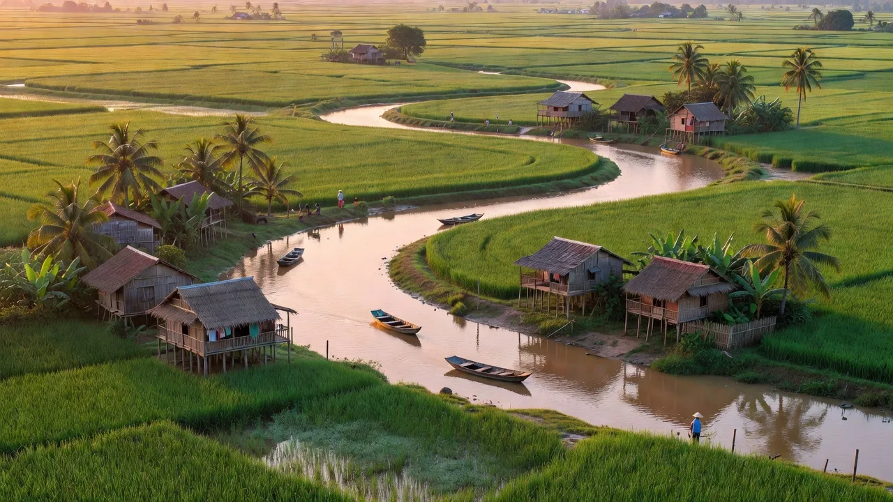 Khung cảnh nông thôn xã Bình Thạnh, huyện Châu Thành, An Giang với đồng ruộng và sông nước.