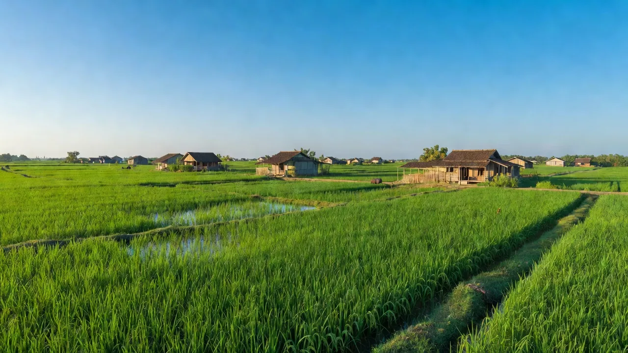 Cảnh đẹp xã Cần Đăng, huyện Châu Thành, tỉnh An Giang với đồng lúa xanh tươi và mái nhà dân.