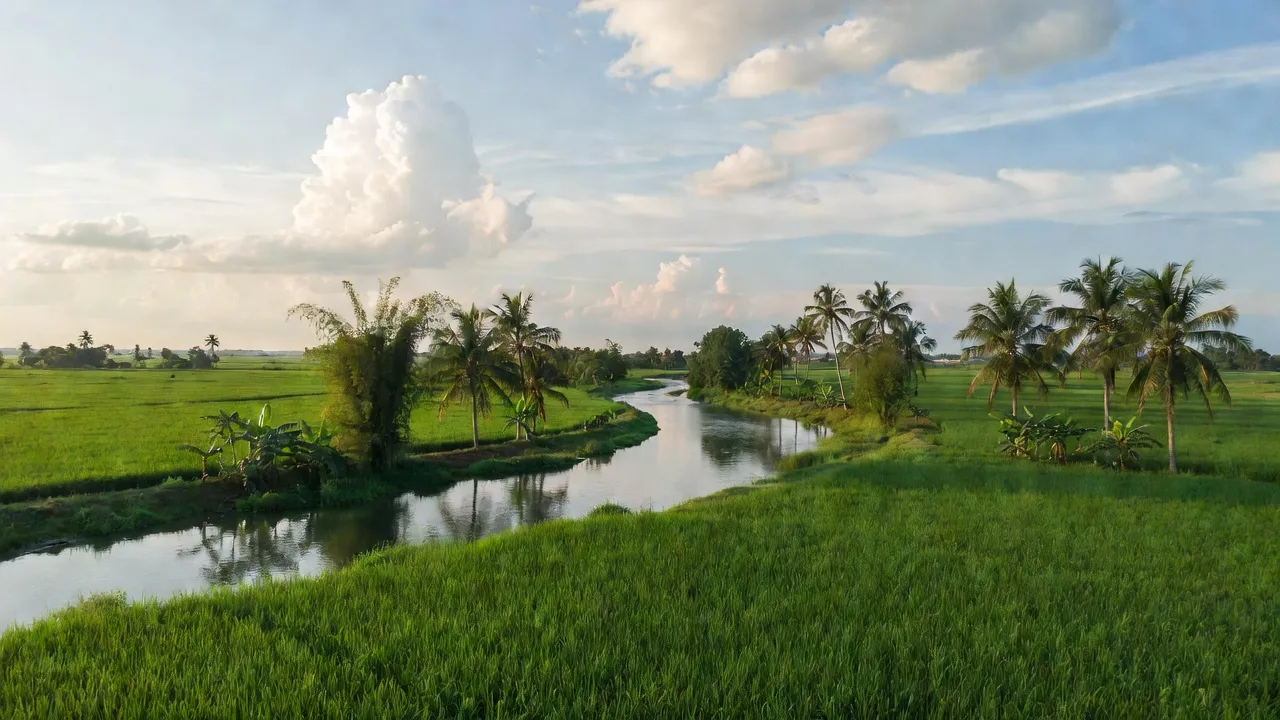 Cảnh đẹp xã Hòa Bình Thạnh, huyện Châu Thành, An Giang với cánh đồng xanh và dòng sông êm đềm.