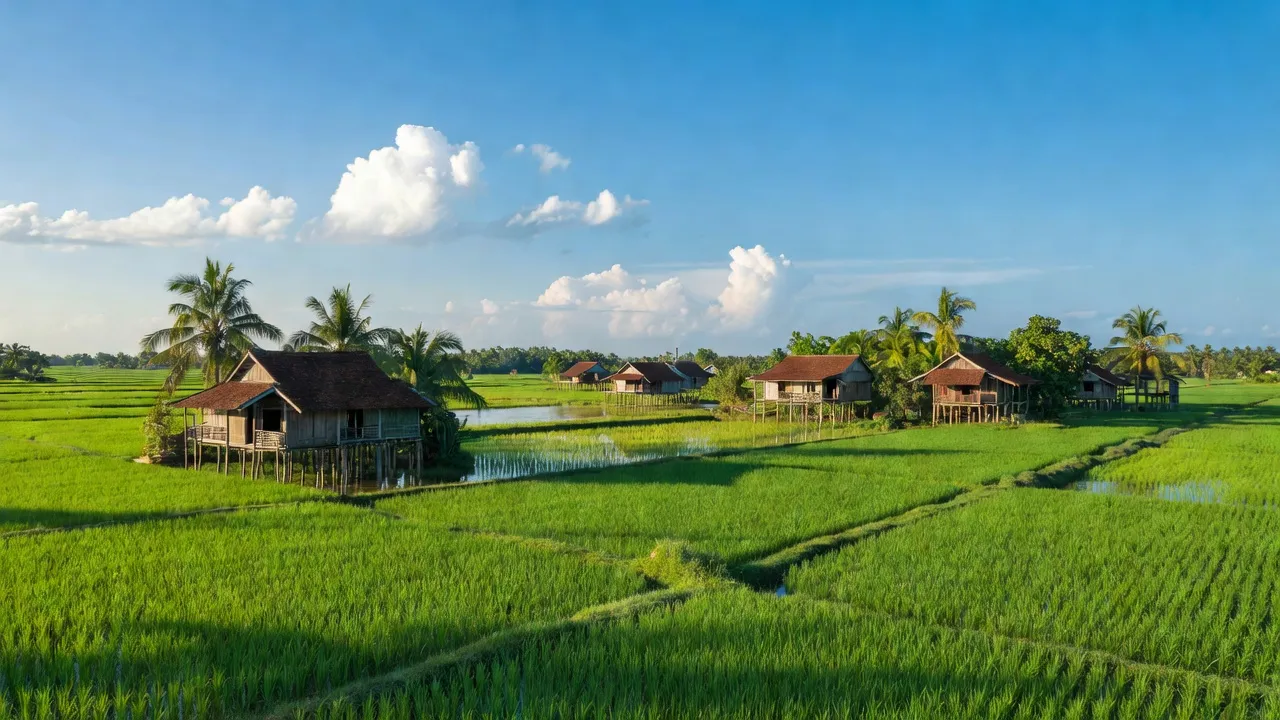 Cảnh đẹp xã Hòa Bình Thạnh, huyện Châu Thành, An Giang với đồng lúa xanh tươi và nhà truyền thống.