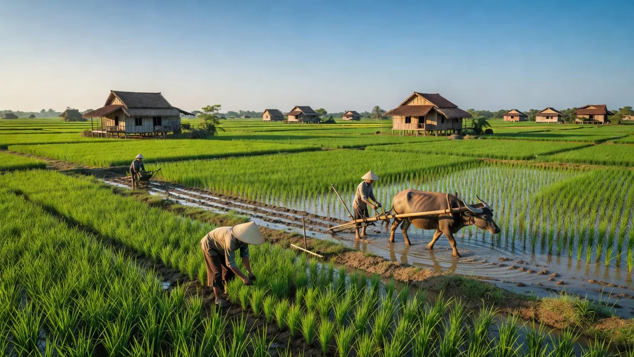 Cảnh quan xã Tân Phú, huyện Châu Thành, tỉnh An Giang với cánh đồng lúa xanh tươi và nhà truyền thống.