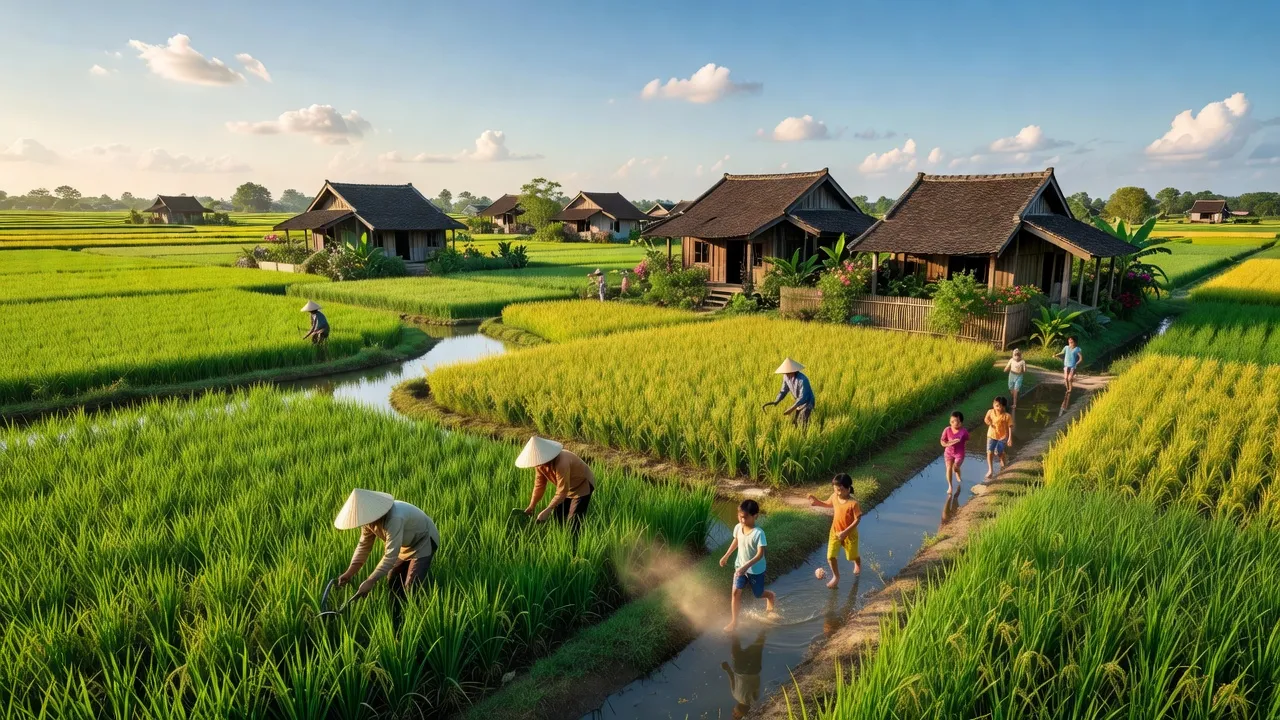 Cảnh quan yên bình xã Tân Phú, huyện Châu Thành, tỉnh An Giang với đồng ruộng xanh tươi.