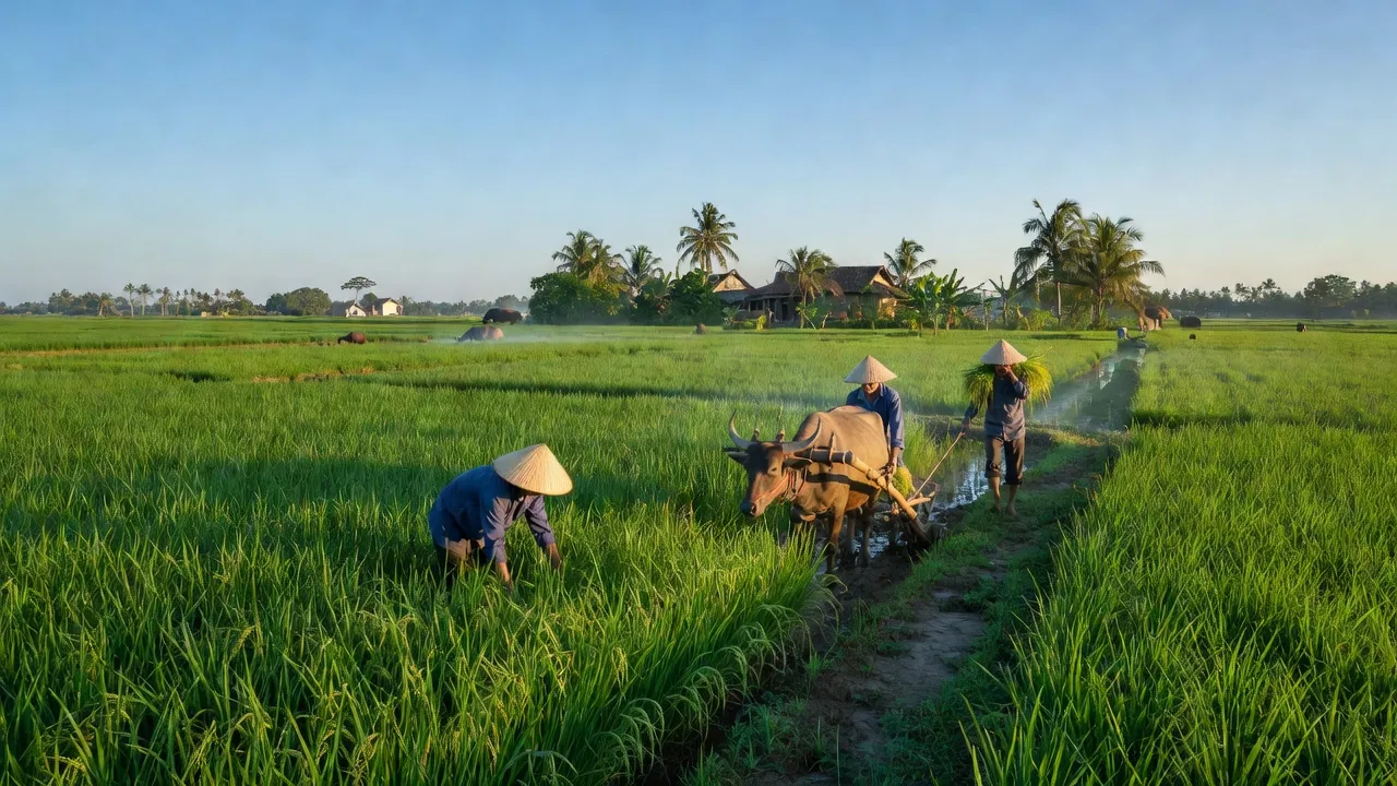 Cảnh đồng ruộng xanh mướt tại Vĩnh An, huyện Châu Thành, tỉnh An Giang, bức tranh nông thôn yên bình.