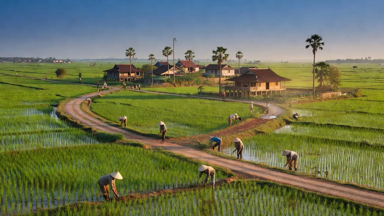 Cảnh quan xã Vĩnh Hanh, huyện Châu Thành, tỉnh An Giang với ruộng lúa xanh và nông dân làm việc.