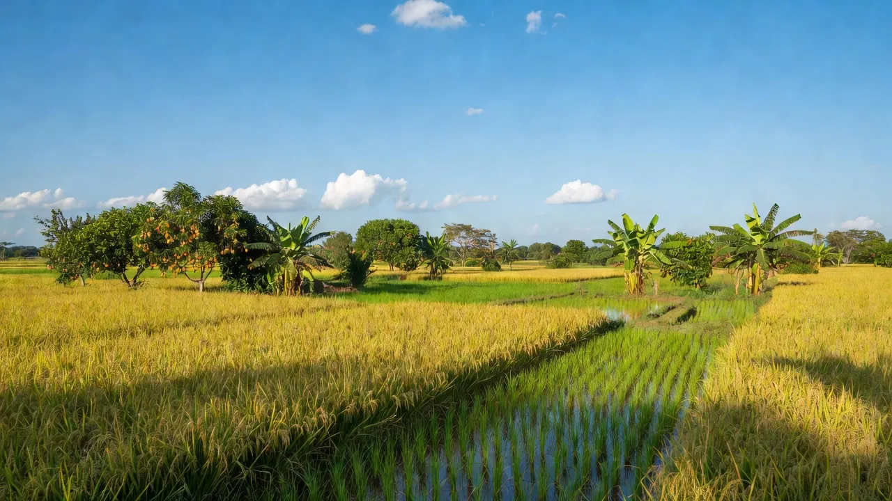 Cánh đồng lúa và cây ăn trái tại xã Vĩnh Lợi, huyện Châu Thành, An Giang, Việt Nam.