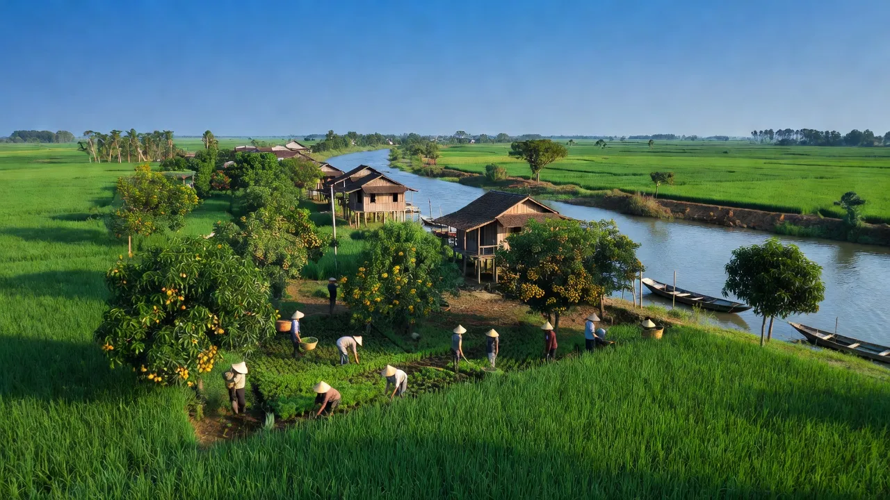 Khung cảnh làng Vĩnh Nhuận, huyện Châu Thành, An Giang với cánh đồng xanh tươi và sông Hậu.
