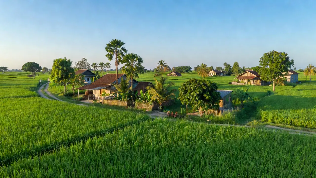 Khung cảnh Xã Vĩnh Thành, Châu Thành, An Giang với cánh đồng lúa xanh và nhà nông thôn.