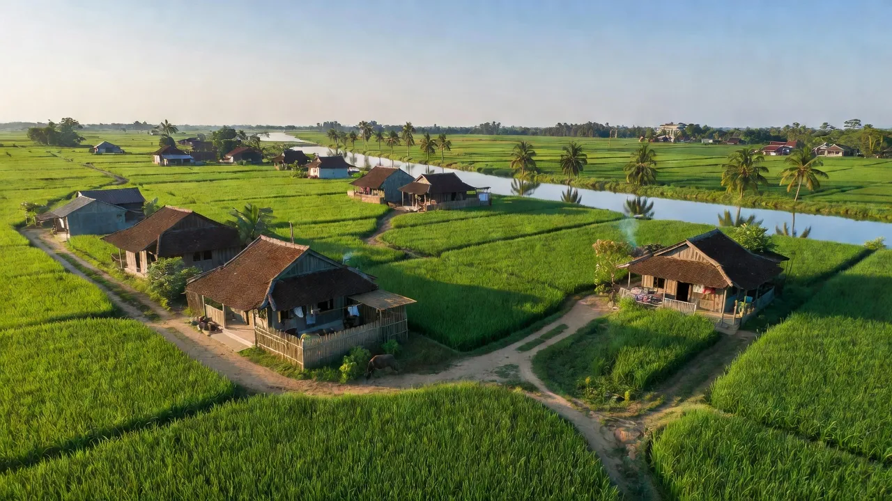 Khung cảnh yên bình xã Vĩnh Thành, huyện Châu Thành, tỉnh An Giang, thể hiện cuộc sống nông thôn tươi đẹp.