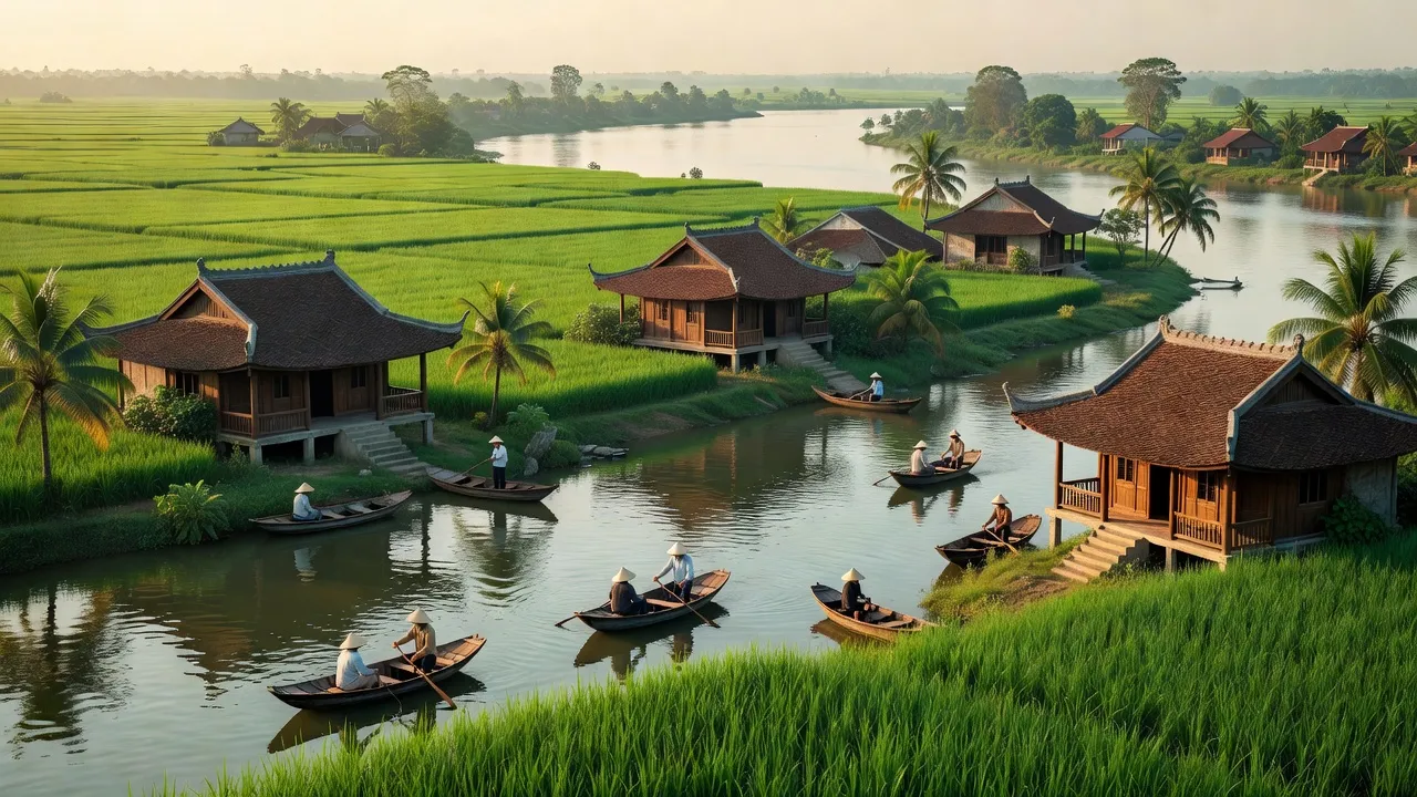 Huyện Chợ Mới, An Giang, với sông Tiền, sông Hậu và cánh đồng xanh mướt.