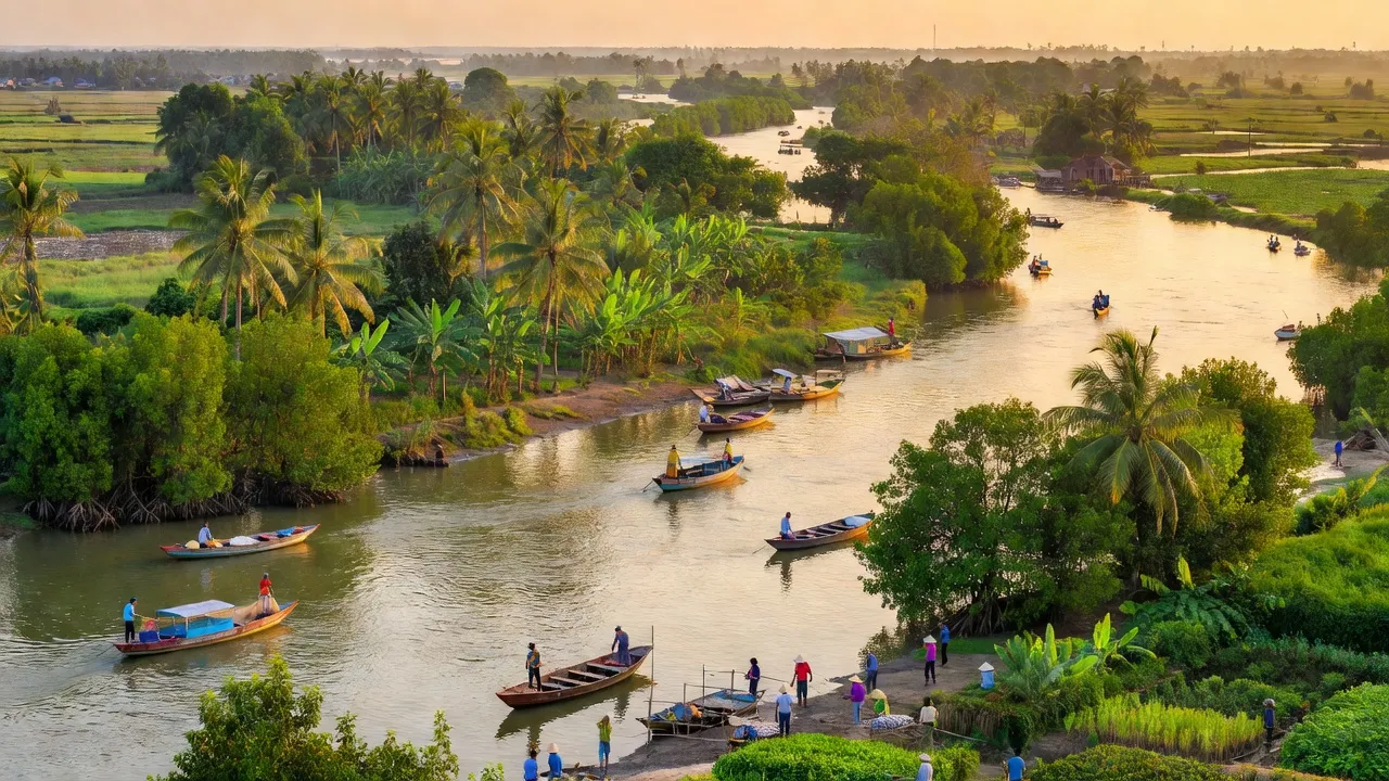 Phong cảnh huyện Chợ Mới, An Giang với sông nước và cây xanh, lý tưởng cho du lịch và khám phá.