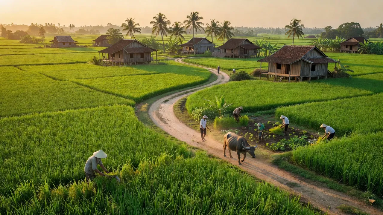 Cảnh sắc xã An Thạnh Trung, huyện Chợ Mới, An Giang với đồng xanh và người dân lao động.