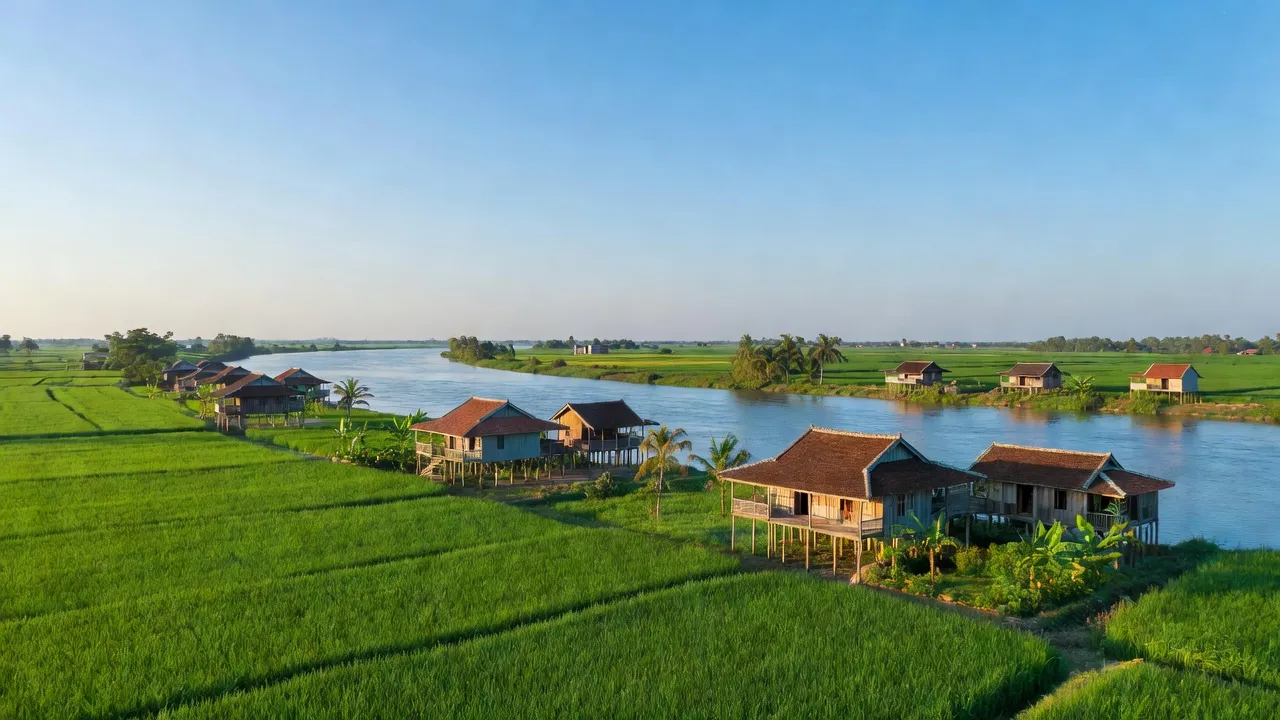 Bình Phước Xuân landscape với cánh đồng xanh, sông Tiền, và nhà truyền thống ở An Giang.