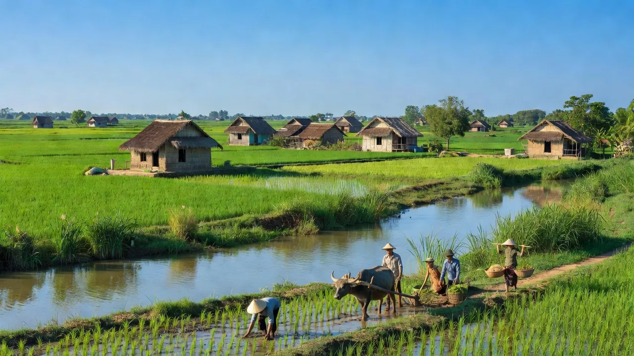 Cảnh đẹp Xã Hòa An, Huyện Chợ Mới, An Giang với cánh đồng xanh và nhà truyền thống.
