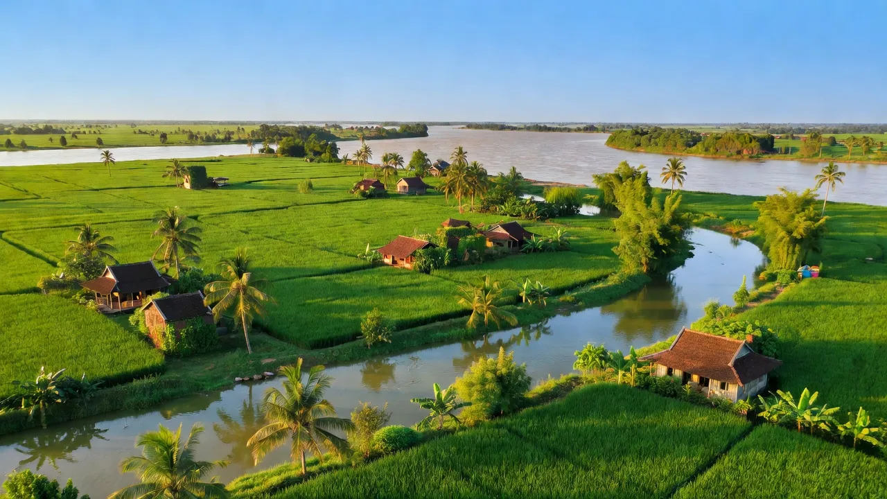 Cảnh đẹp xã Hòa An, huyện Chợ Mới, tỉnh An Giang với cánh đồng xanh và sông nước.