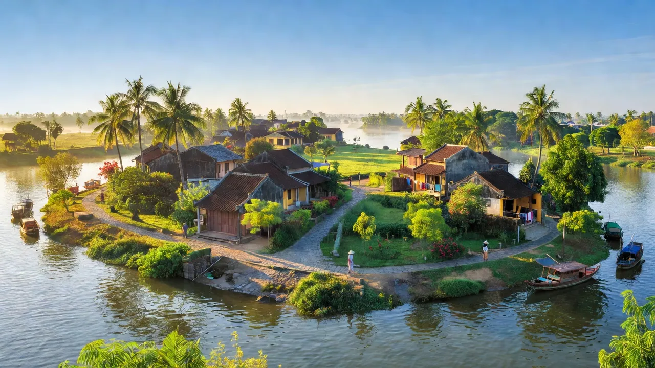 Cảnh quan Thị trấn Hội An, huyện Chợ Mới, An Giang với sông Tiền và nhà truyền thống.