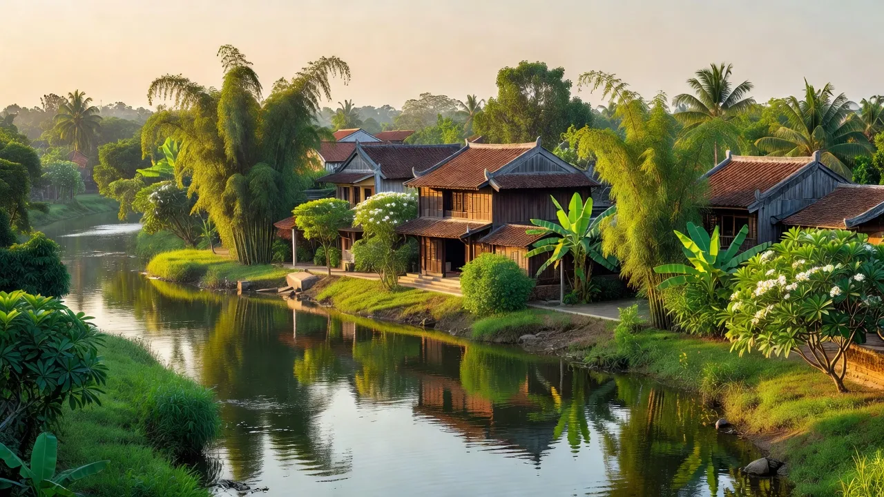 Hội An town in Chợ Mới, An Giang, with scenic rivers and traditional houses, promoting its cultural significance.