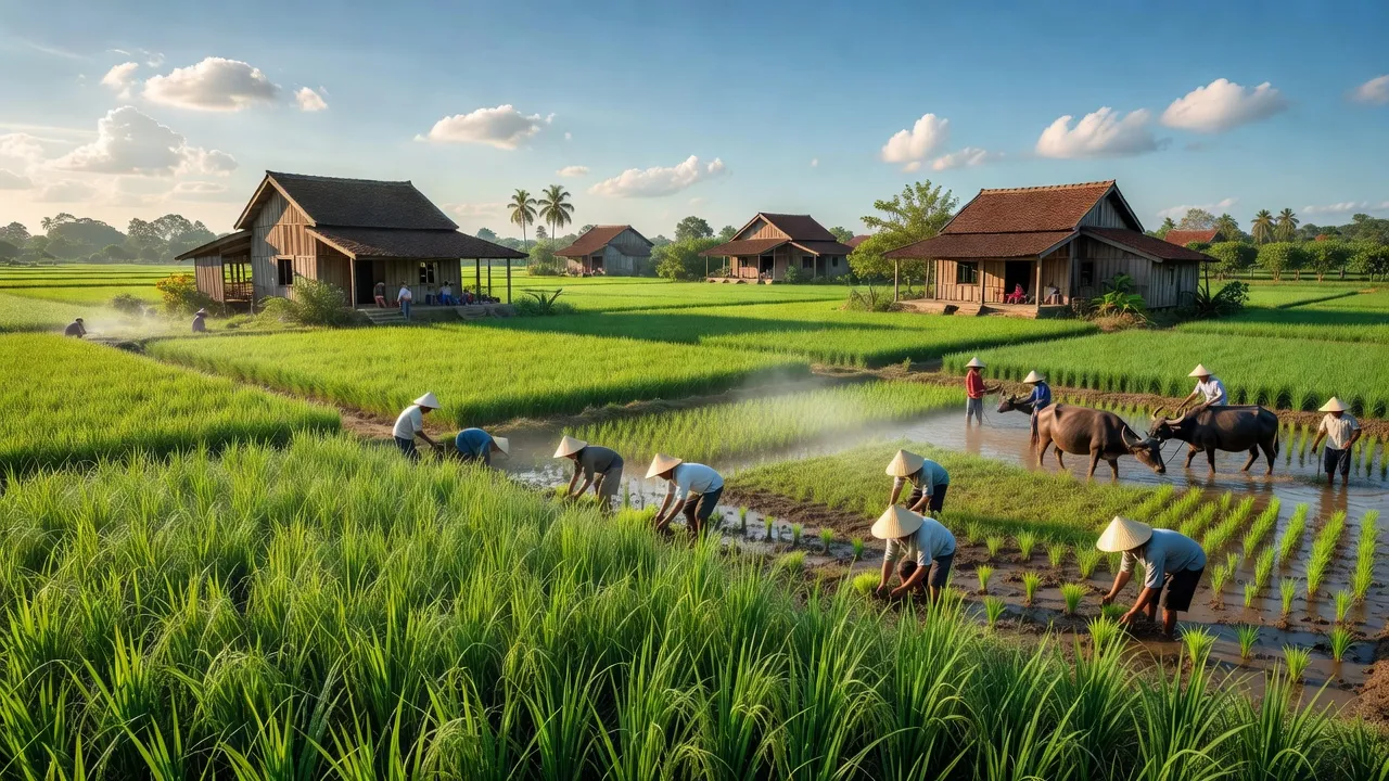 Cánh đồng xanh ở xã Kiến An, huyện Chợ Mới, An Giang với nhà truyền thống và nắng ấm.