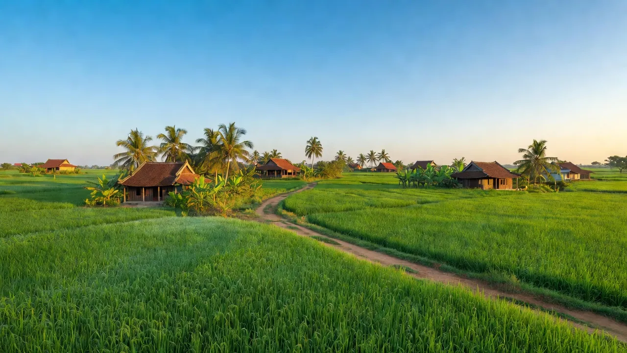 Cảnh nông thôn xã Kiến An, huyện Chợ Mới, An Giang với cánh đồng xanh và nhà truyền thống.