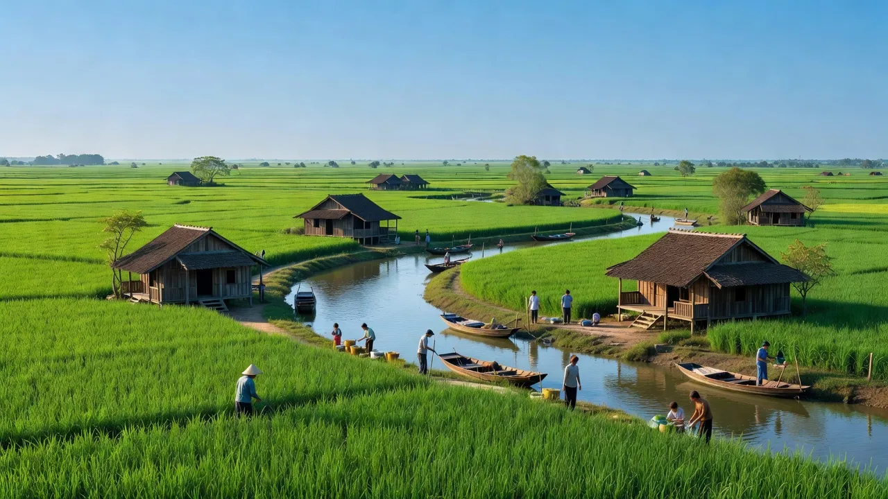 Khung cảnh yên bình ở Xã Kiến Thành, huyện Chợ Mới, An Giang với đồng lúa và kênh rạch.