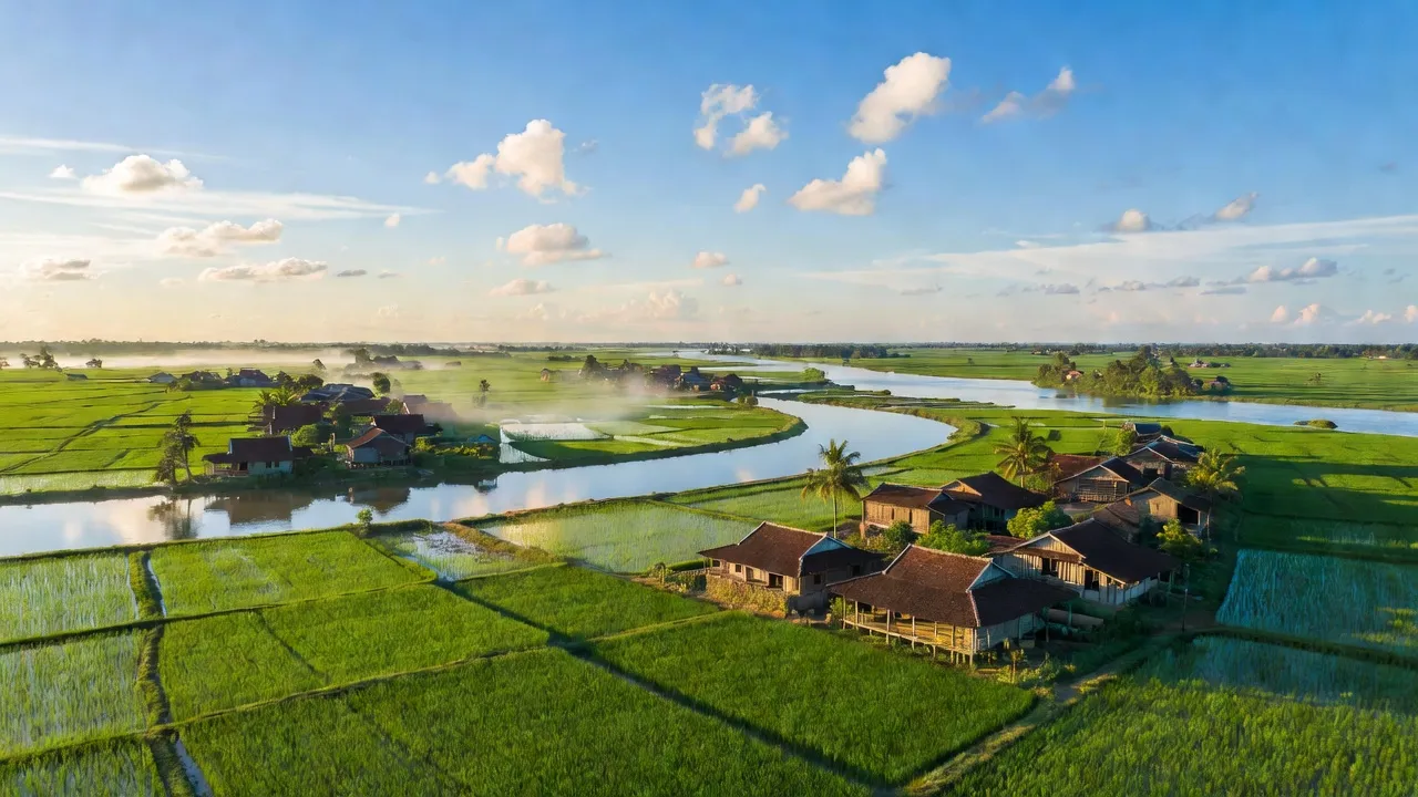 Cảnh đẹp xã Long Điền A, huyện Chợ Mới, An Giang, sông Tiền, sông Hậu và đồng xanh.