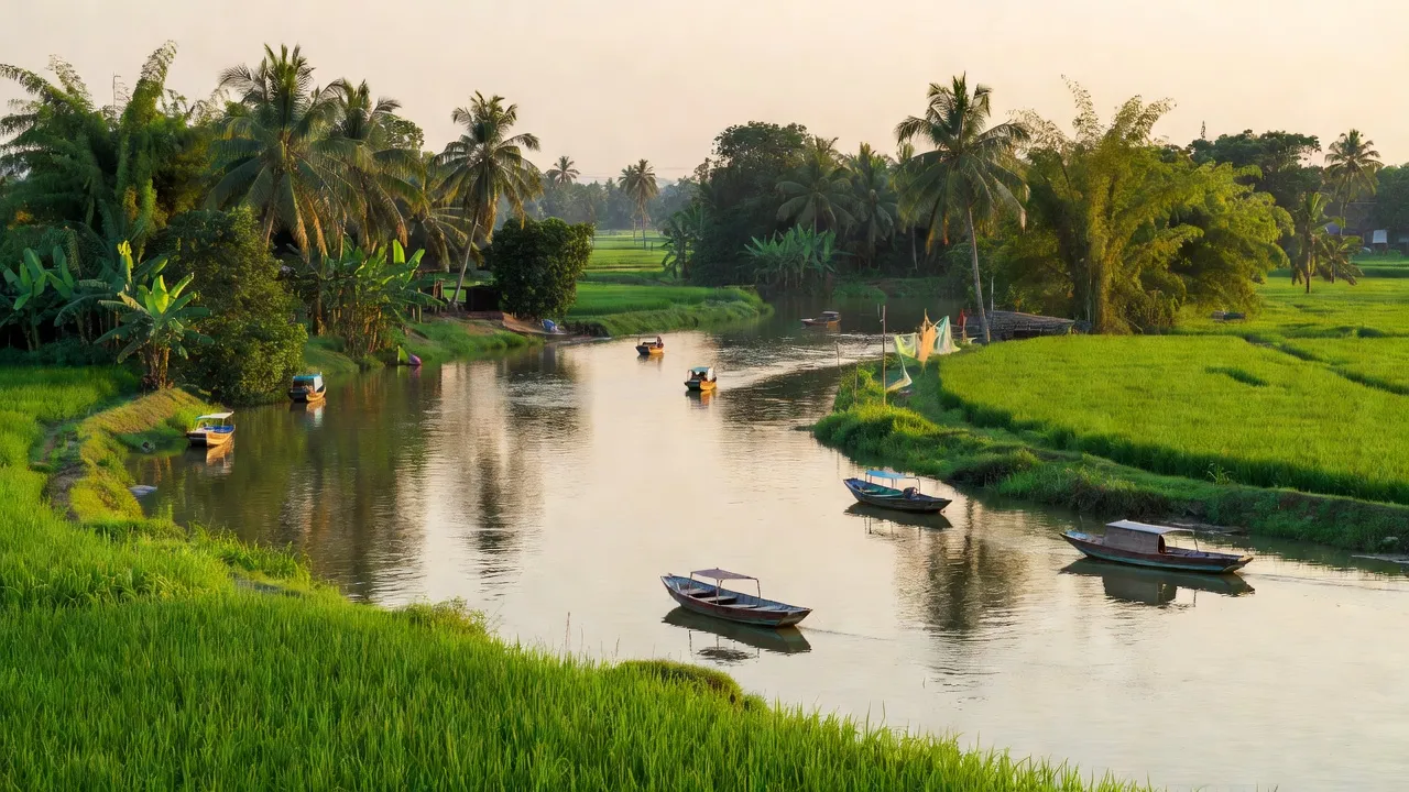 Sông Hậu và cánh đồng xanh tươi ở xã Long Điền B, huyện Chợ Mới, tỉnh An Giang.