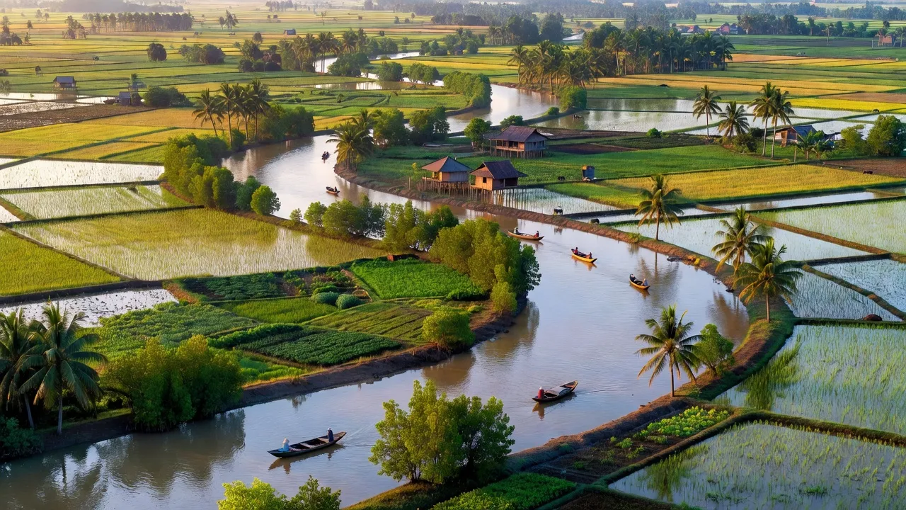 Cảnh quan xanh tươi của xã Long Giang, huyện Chợ Mới, tỉnh An Giang với sông nước và đồng ruộng.