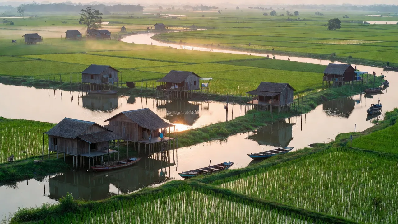 Cảnh đẹp xã Long Kiến, huyện Chợ Mới, tỉnh An Giang với đồng ruộng và sông nước.