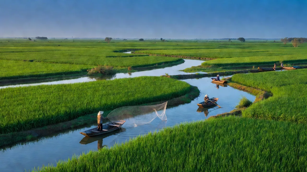 Cánh đồng xanh tươi ở xã Mỹ An, huyện Chợ Mới, tỉnh An Giang với người dân đánh bắt thủy sản.