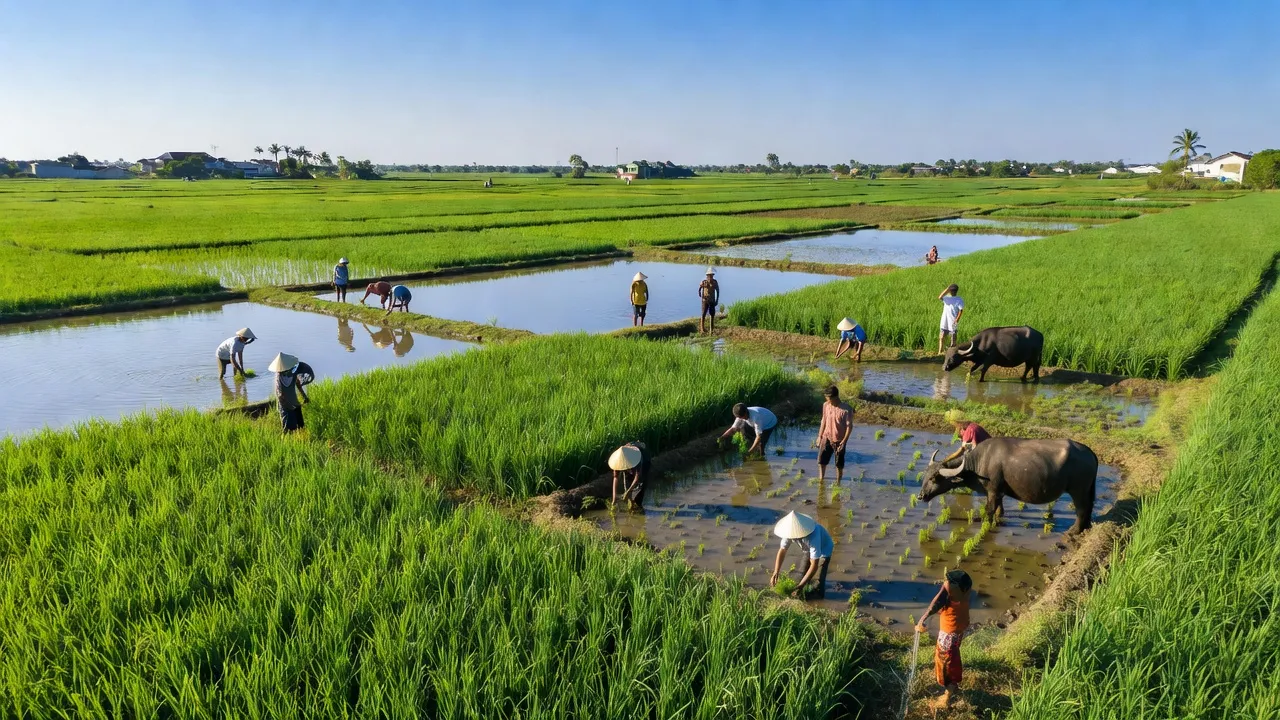 Cảnh nông nghiệp ở Xã Mỹ An, Huyện Chợ Mới, An Giang với cánh đồng xanh và ao cá.