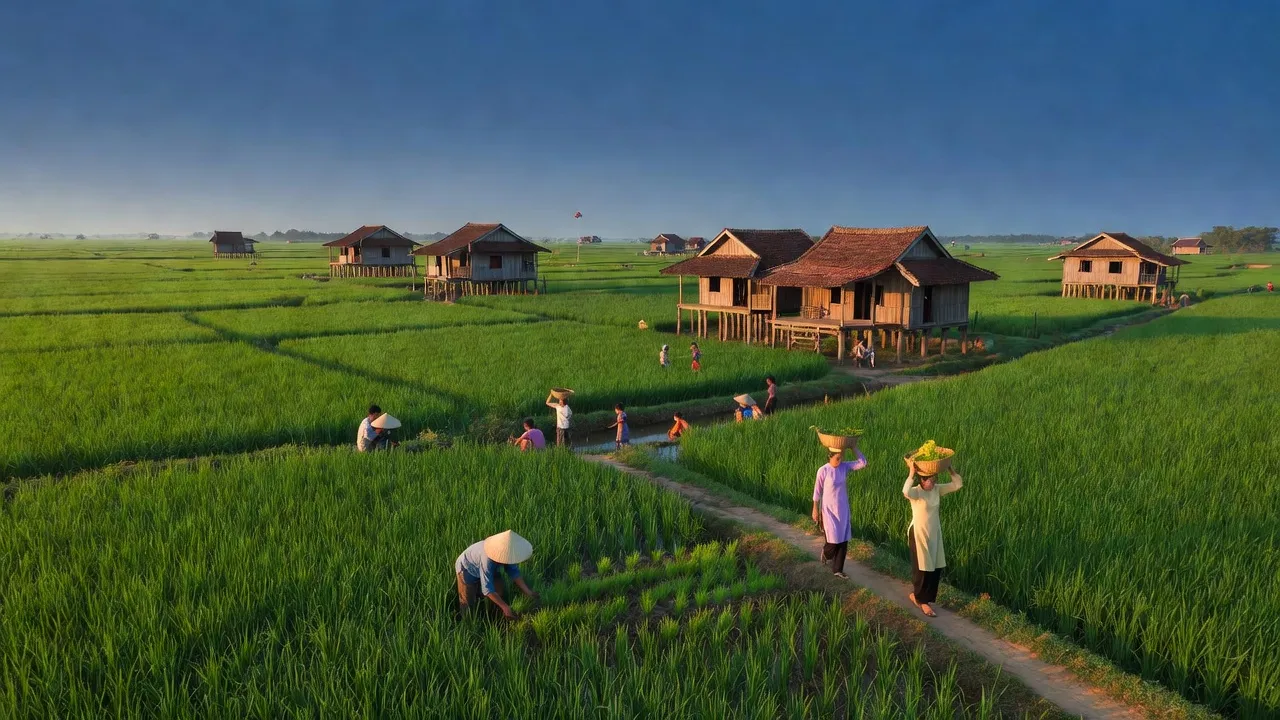 Cảnh sắc của xã Mỹ Hiệp, huyện Chợ Mới, An Giang với cánh đồng xanh tươi và cuộc sống nông thôn.