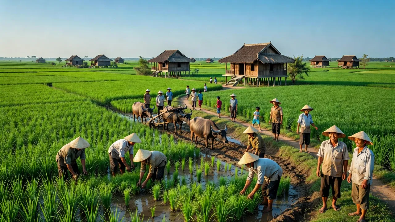 Khung cảnh xã Mỹ Hiệp, huyện Chợ Mới, tỉnh An Giang với cánh đồng xanh mướt và cuộc sống nông thôn.