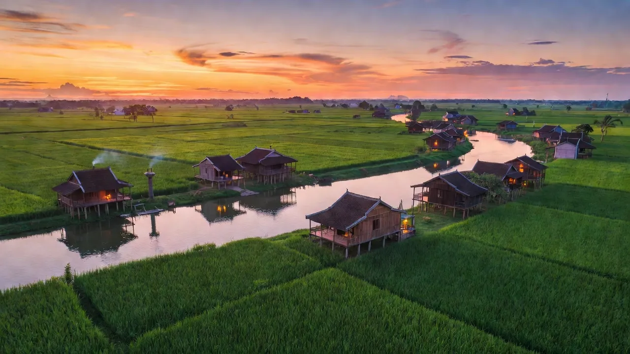 Thị trấn Mỹ Luông, huyện Chợ Mới, tỉnh An Giang, với cánh đồng xanh và sông yên bình.