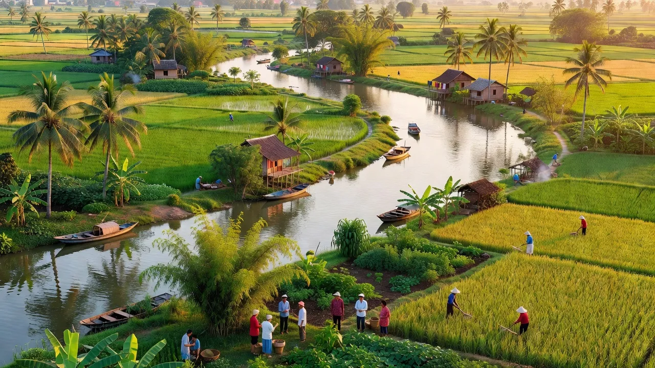 Cảnh sắc Nhơn Mỹ, Chợ Mới, An Giang với đồng xanh và sông nước, biểu tượng cho nông nghiệp phát triển.