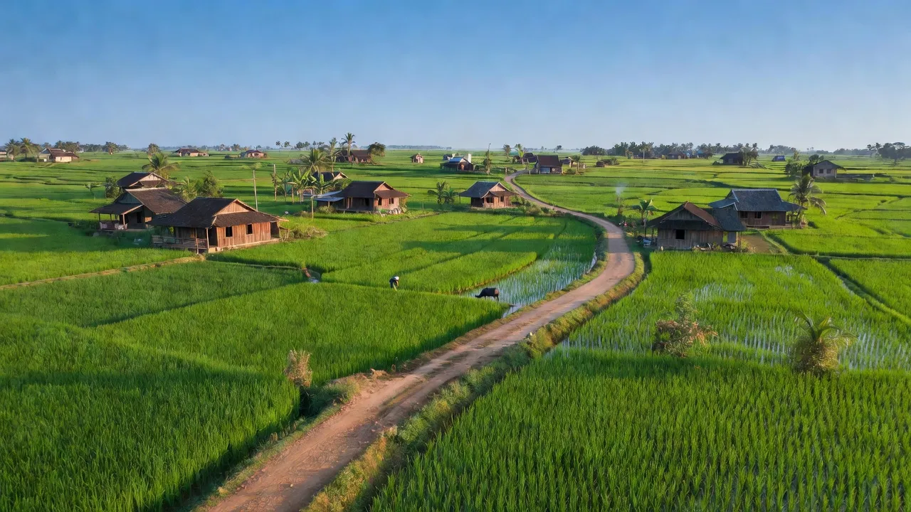 Cảnh quan Xã Tấn Mỹ, Huyện Chợ Mới, An Giang với đồng lúa xanh tươi và nhà truyền thống.