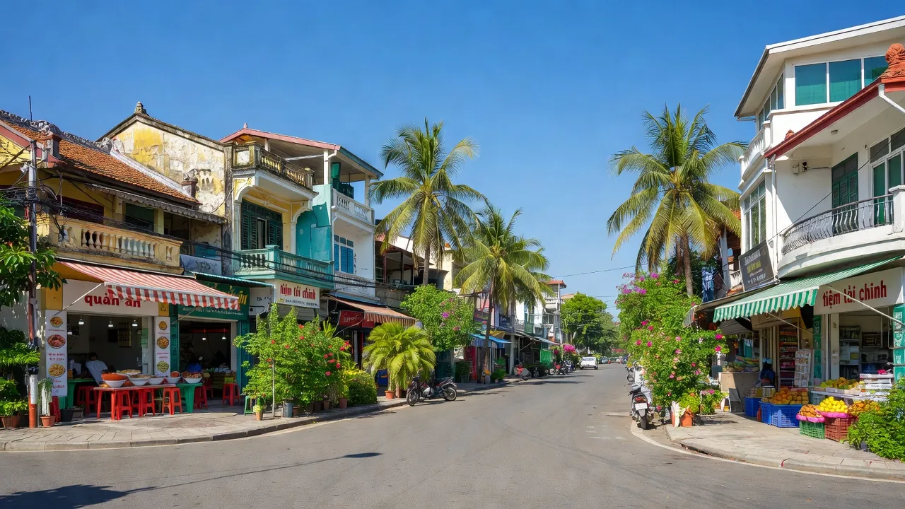 Phường Bình Đức, Long Xuyên, An Giang, with vibrant streets, local architecture, shops, and clear skies.
