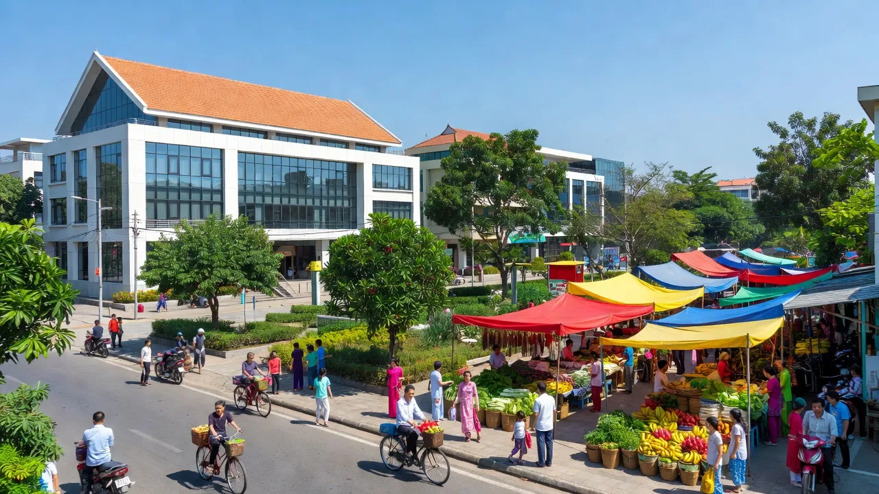 Khung cảnh sôi động ở Mỹ Bình, Long Xuyên với kiến trúc hiện đại và cây xanh tươi tốt.