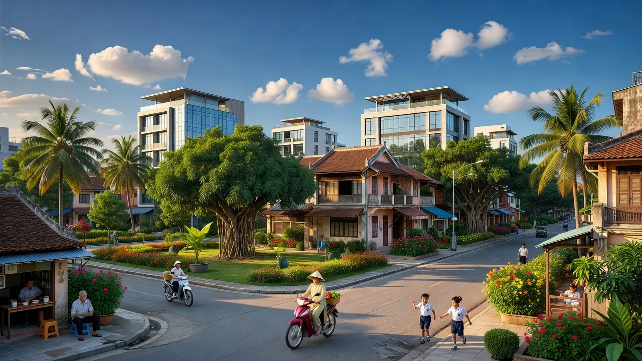 Cảnh quan Phường Mỹ Hòa, Thành phố Long Xuyên, An Giang với kiến trúc hiện đại và không gian xanh.