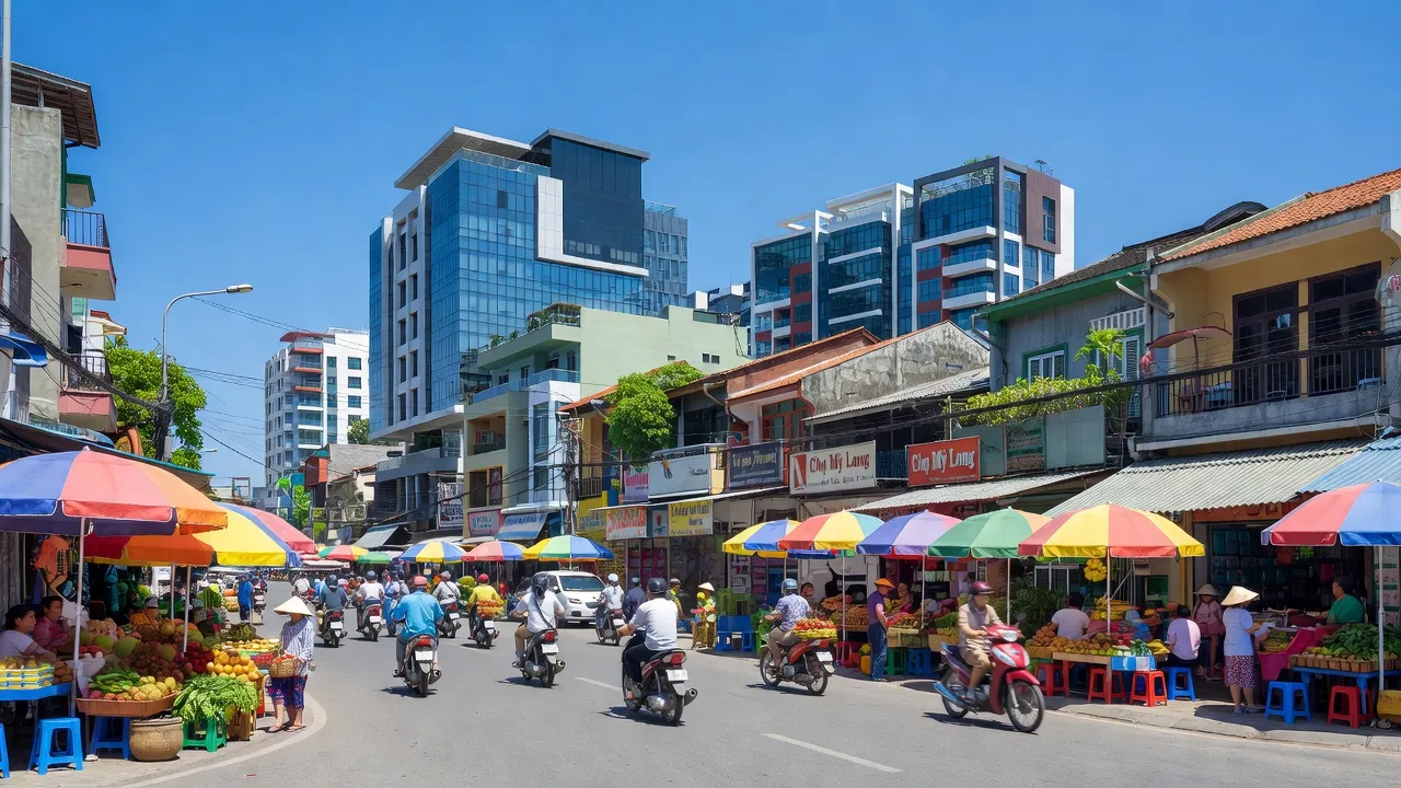 Cảnh phố sống động tại Phường Mỹ Long, Thành phố Long Xuyên, với hoạt động nhộn nhịp và kiến trúc hiện đại.
