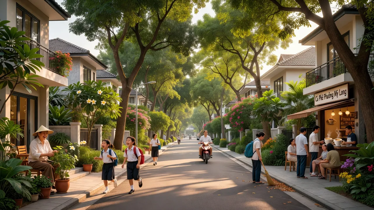 Phường Mỹ Long in Long Xuyên, An Giang, showcasing urban life and modern architecture, warm afternoon light.