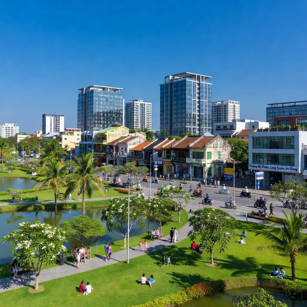 Khung cảnh đô thị hiện đại tại Phường Mỹ Phước, Thành phố Long Xuyên, An Giang với không gian sống xanh.