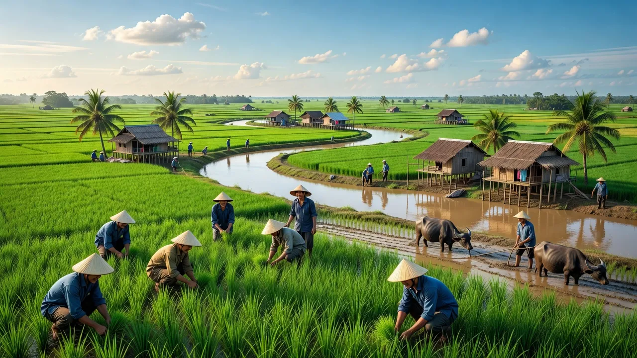 Cảnh đồng lúa xanh tươi ở huyện Phú Tân, tỉnh An Giang với dòng sông uốn khúc.