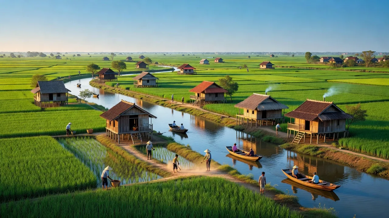 Khung cảnh huyện Phú Tân An Giang với cánh đồng xanh, sông và cộng đồng địa phương.