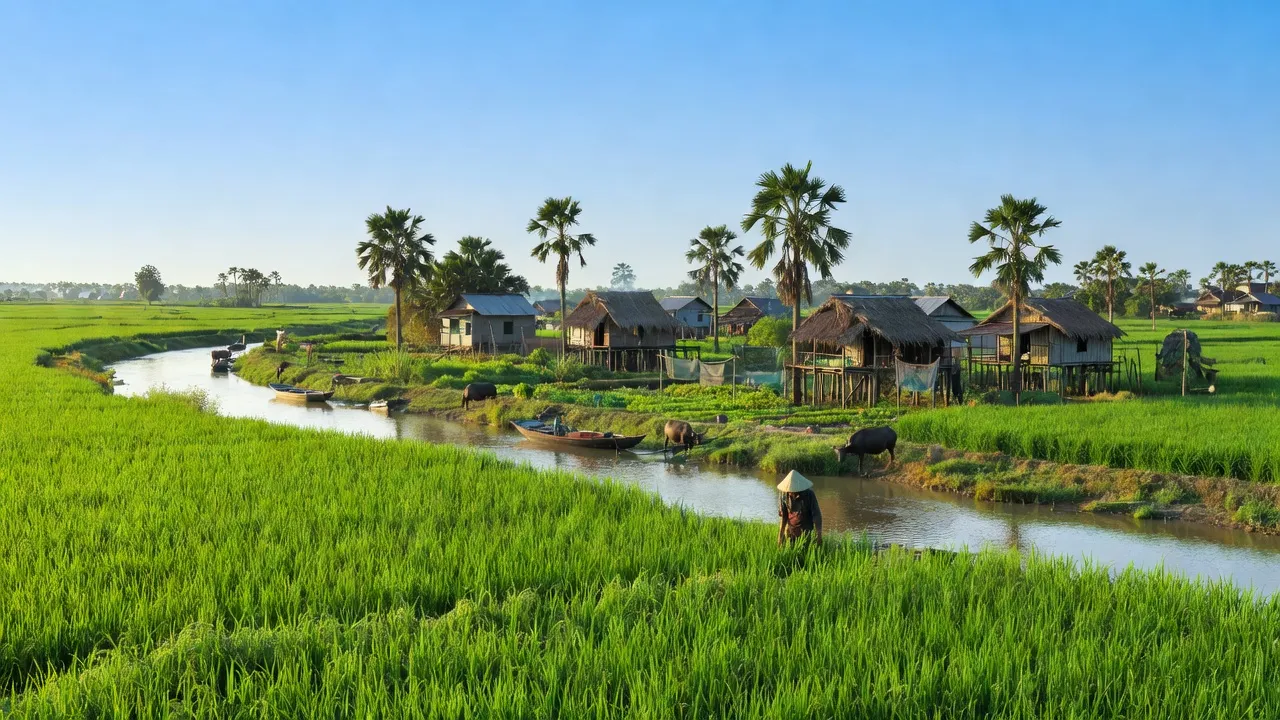 Bình Thạnh Đông, An Giang: landscapes of rice fields and traditional houses along sông Hậu.