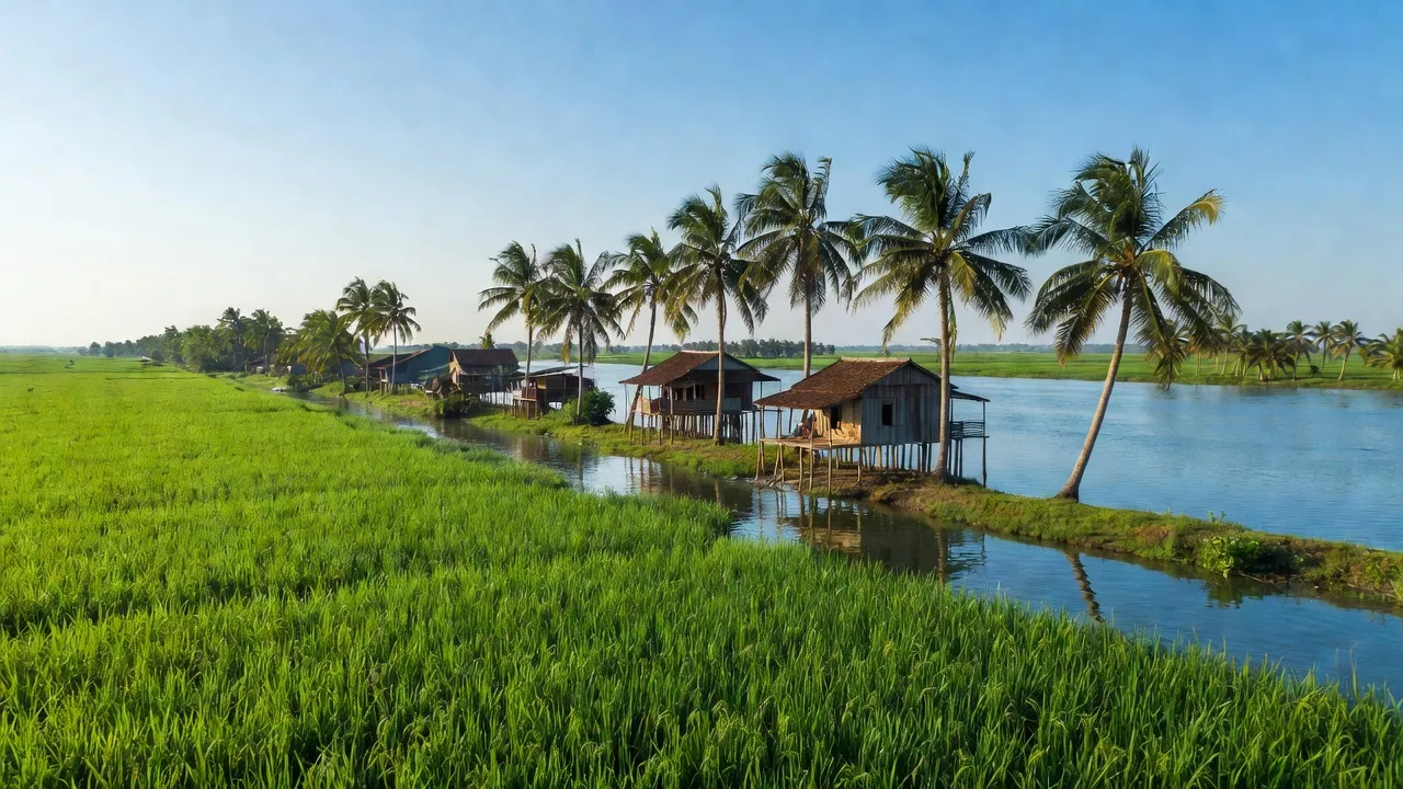 Cánh đồng xanh tươi ở Bình Thạnh Đông, Phú Tân, An Giang, với sông Hậu và nhà dân.