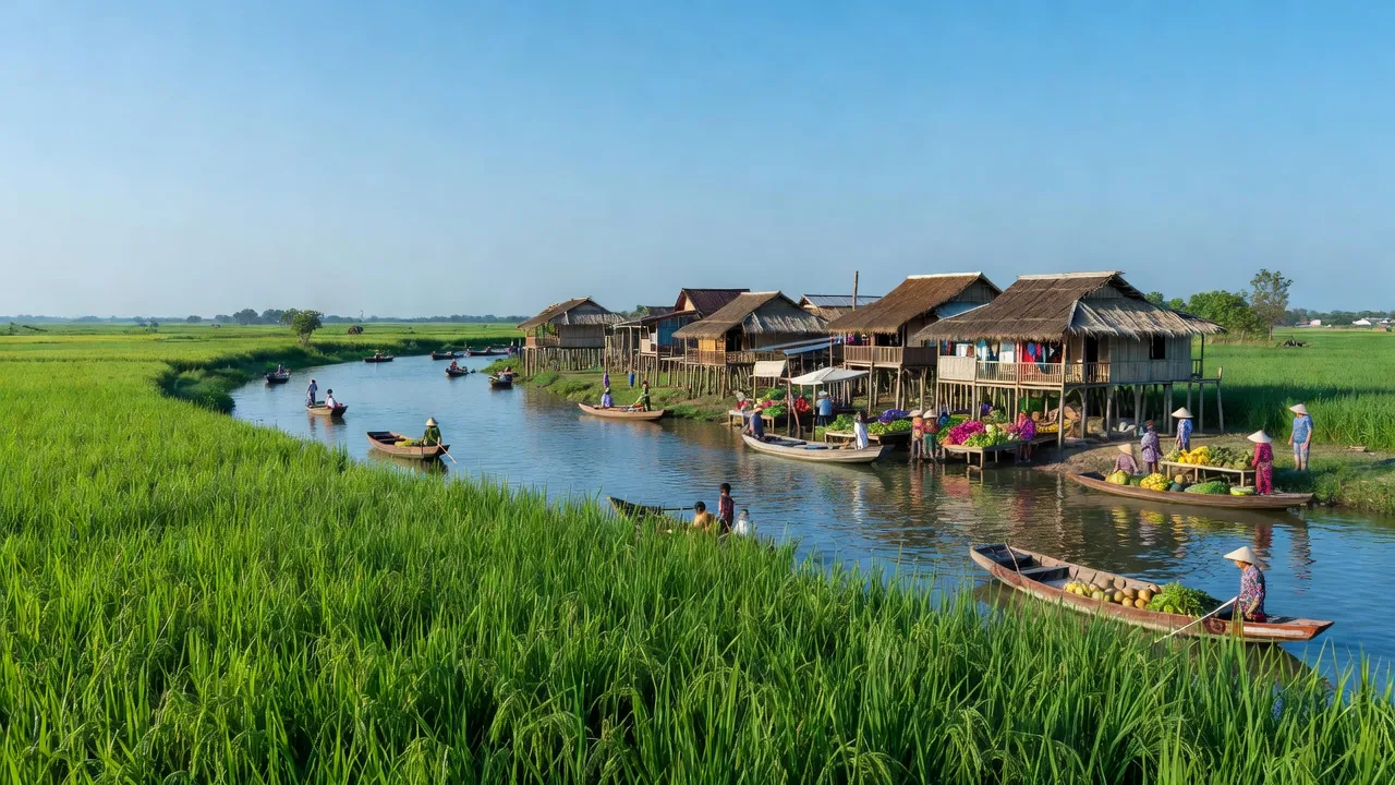 Thị trấn Chợ Vàm, Huyện Phú Tân, Tỉnh An Giang, cảnh quan đồng bằng sông Cửu Long.