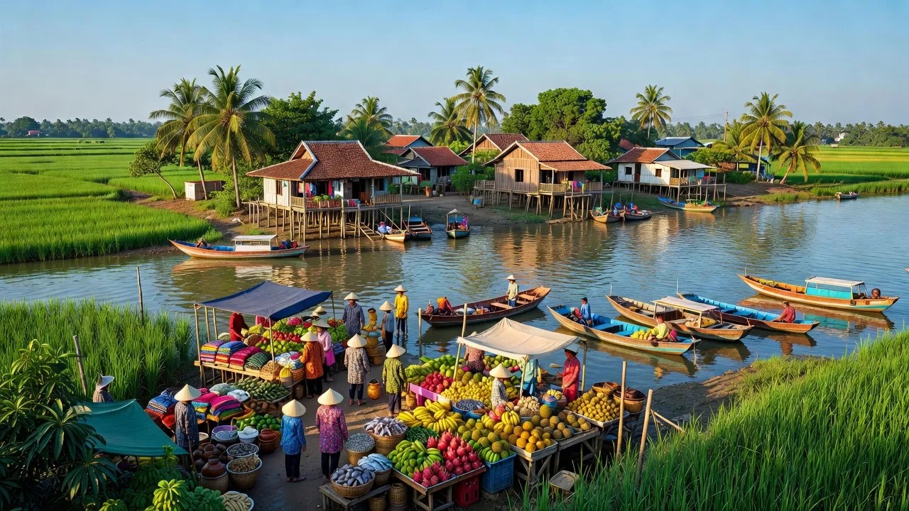 Thị trấn Chợ Vàm ven sông Hậu với chợ và cánh đồng xanh mướt, An Giang.